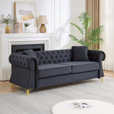 Canapé Chesterfield de 80 po en velours, dossier capitonné à boutons et accoudoirs et accoudoirs arrondis roulés, garniture cloutée sur les accoudoirs, pieds élégants en métal, 2 coussins décoratifs pour le salon, l’appartement et la chambre à coucher