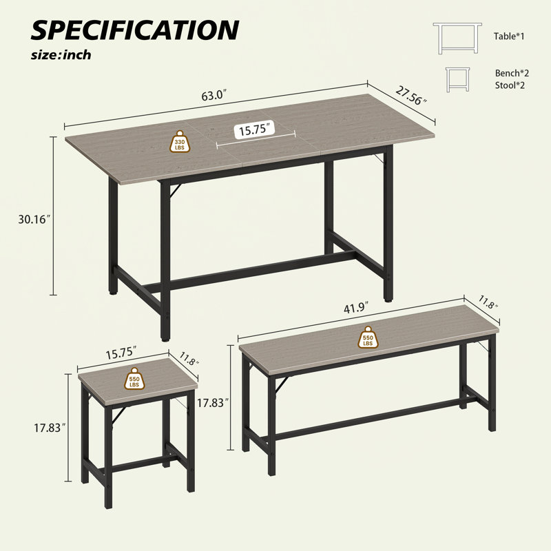 Ensemble de salle à manger extensible pour 4 à 8 personnes avec 2 bancs et 2 tabourets, conception peu encombrante, Gray