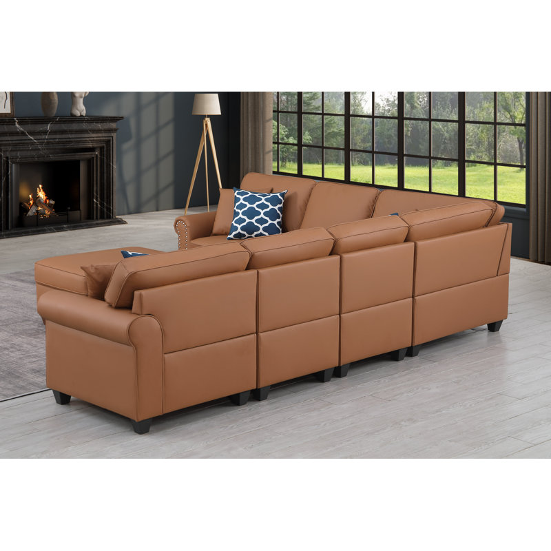 Bozhanka Artificial Leather Modular Sectional With Ottoman, Brown Faux Leather