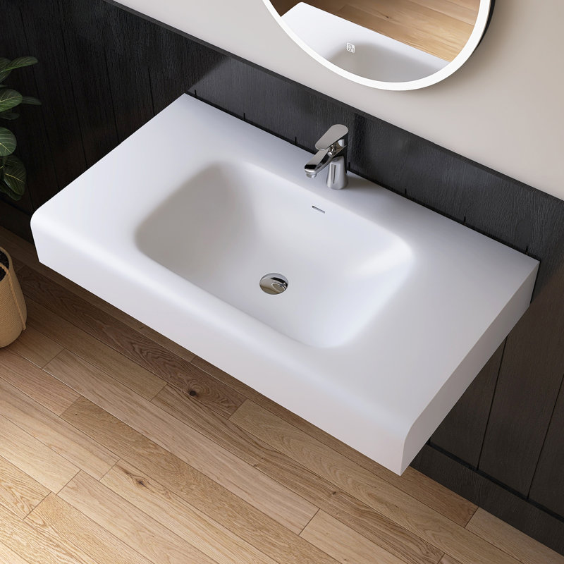 39'' Wall Mounted Bathroom Sink Solid Surface Rectangular Bathroom Sink In White