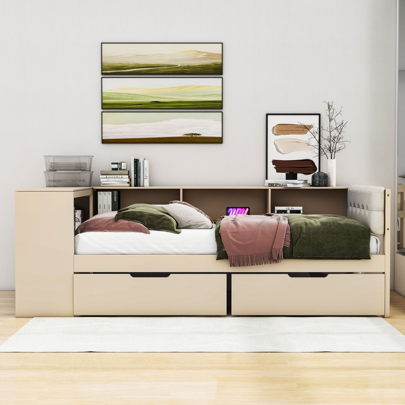 Wooden Daybed with Storage Drawers, Shelves, Charging Station and Upholstered Headboard, Twin, Cream