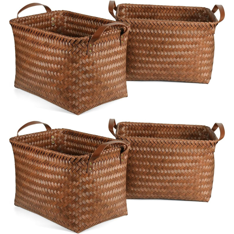 15L Waterproof Laundry Storage Baskets Set Of 4, Woven Cube Organizer Bins With Leather Handles For Shelves, Bathroom, Bedroom, Pantry, And Closet Organization