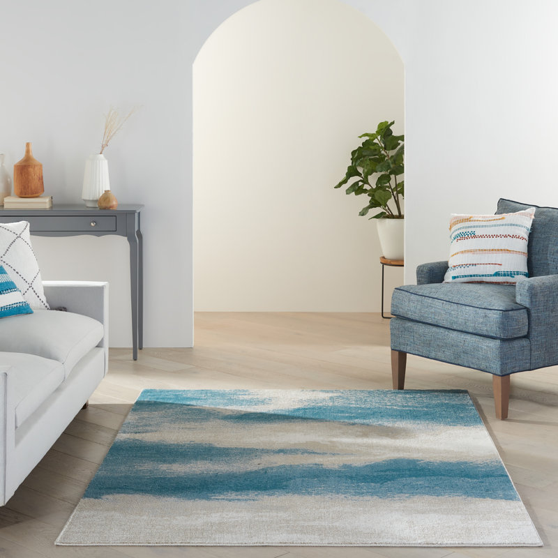 Tapis ivoire / bleu sarcelle Bujanov, Rectangle 7 pi 10 po x 10 pi 6 po
