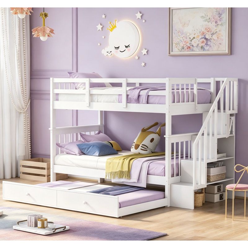 Lit superposé simple au-dessus de simple avec lit gigogne, rangement et structure en pin durable Stairway, White