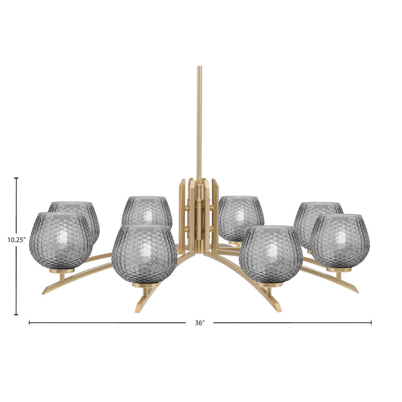 Lustre 8 lumières kurve présenté en finition nouvel âge en laiton avec verre texturé de 6 po, Noir / transparent