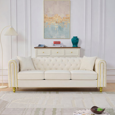Canapé 86 po, canapé 3 places en velours avec accoudoirs capitonnés 86 po - beige