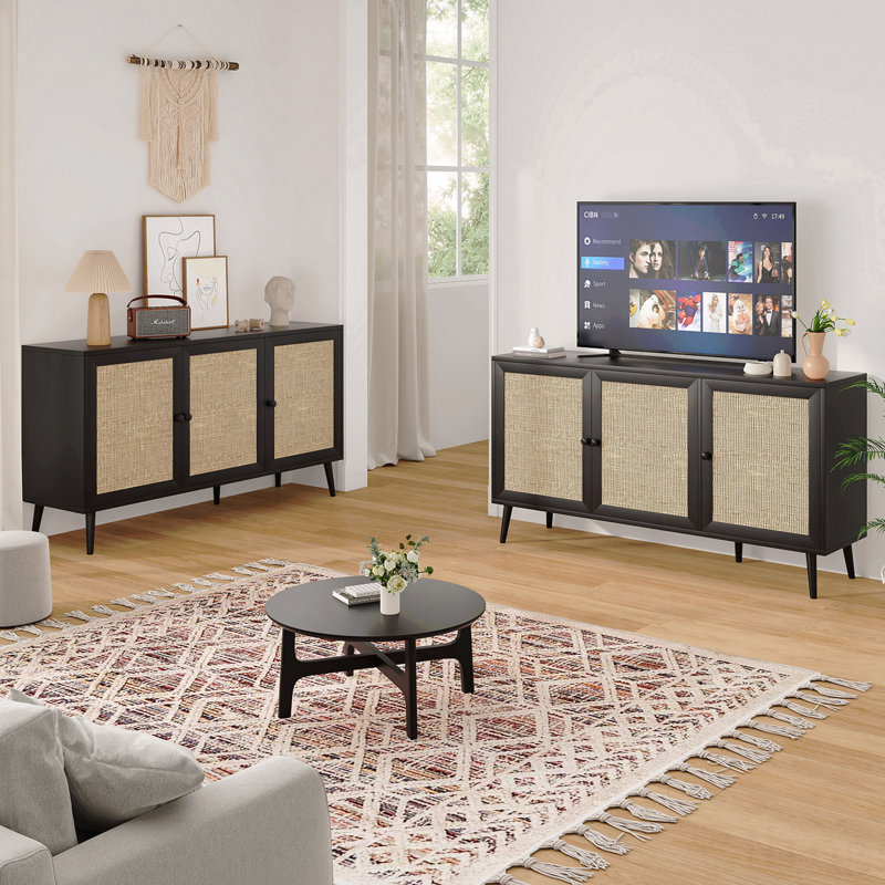 Buffet avec 3 portes en rotin et armoire de rangement moderne, H 31,1 po x l 15,4 po x P 15,4 po, Noir