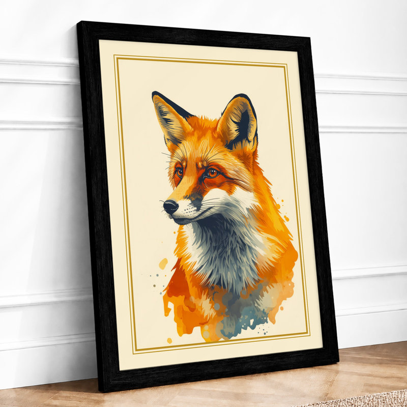 Fox in Watercolour Japandi - Framed Print, A2 - 59.4 x 42.0 cm, Black
