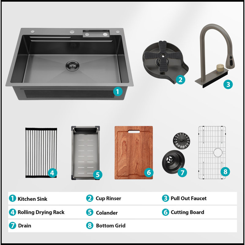 Gunmetal Black Drop In Waterfall Kitchen Sink - 33*22 Inch Single Bowl 16 Gauge Stainless Steel Ledge Workstation Kitchen Sinks With Pull-Out Faucet & Cup Washer