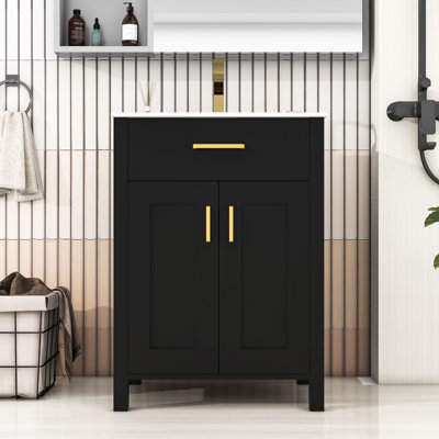 Meuble-lavabo pour salle de bain avec lavabo en céramique, tiroir, armoire de rangement et tablette