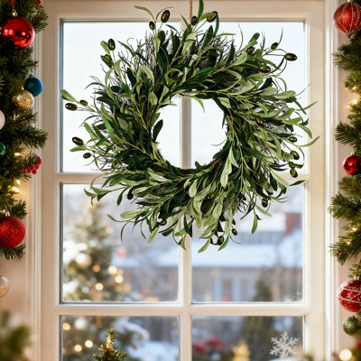 1Pcs 16inch Spring Artificial Olive Wreath for Front Door, Real Touch Green Leaves Olive Branch Greenery Wreath, Perfect for Wall Home Outdoor Indoor Window Festival Wedding Christmas Decor