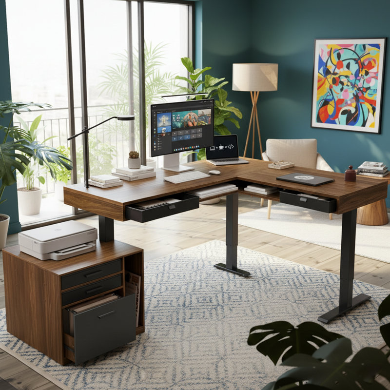 Bureau debout électrique en L de 63 po x 55 po avec 2 tiroirs sous le bureau, un rangement ouvert et un classeur latéral, un bureau d'angle à hauteur ajustable avec un multiprise et une gestion des câbles