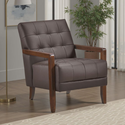 Fauteuil Lenie, cuir capitonné, bois de noyer
