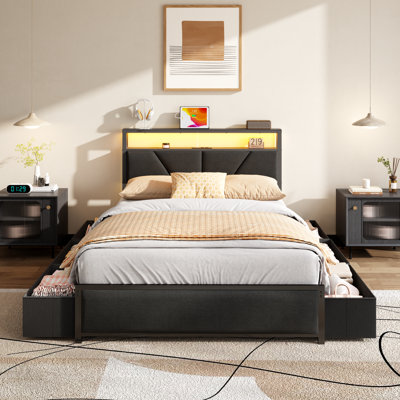Upholstered Platform Bed Frame Full Size with Charging Station, 6 Drawers and LED Lights, Heavy Duty, No Box Spring Needed