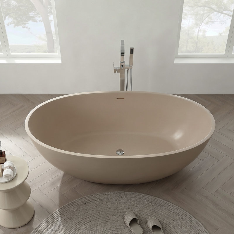 65" X 29" Freestanding Soaking Tub Solid Surface Bathtub(Grey-Coffee)