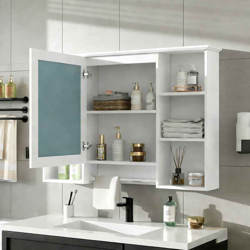 Armoire de salle de bain murale avec miroir, tablette réglable et tablettes ouvertes, Blanc