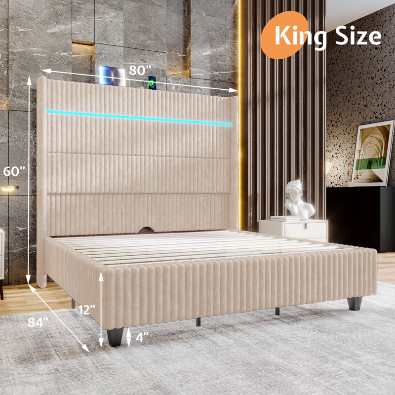 Beige King Corduroy Upholstered Platform Bed with LED Headboard