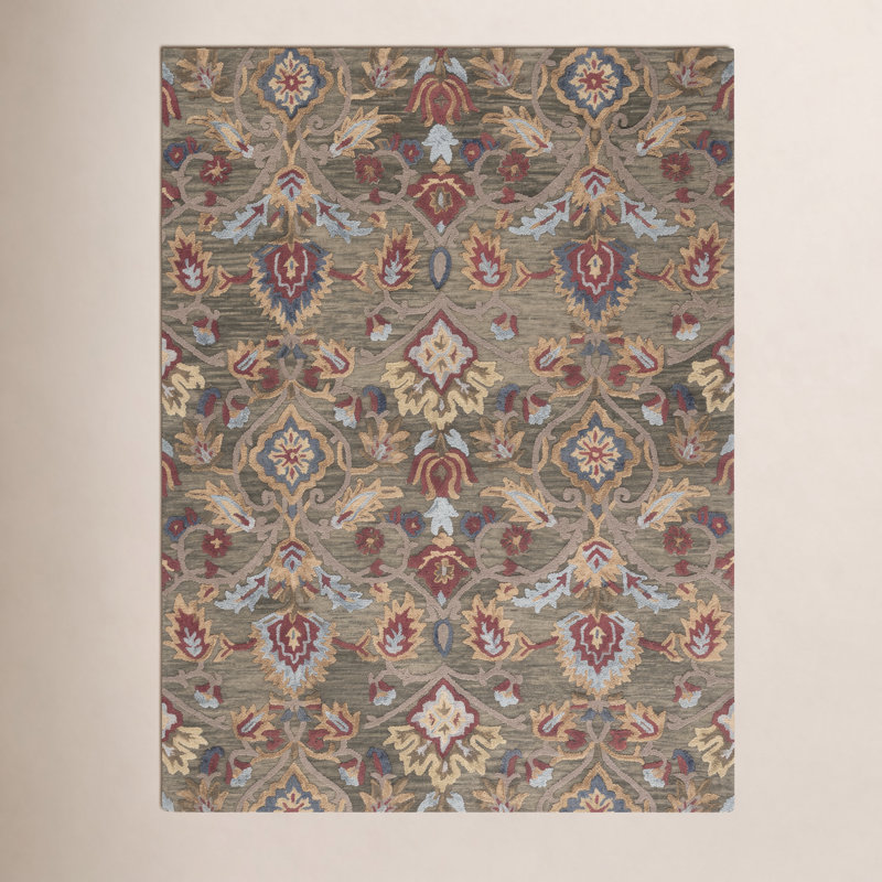 Tapis vert / multicolore en laine fait à la main Tansy, Rectangle 8 pi x 10 pi