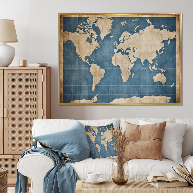 Ancienne carte du monde IV sur toile, H 30 po x l 40 po x P 1,5 po, Cadre flottant doré