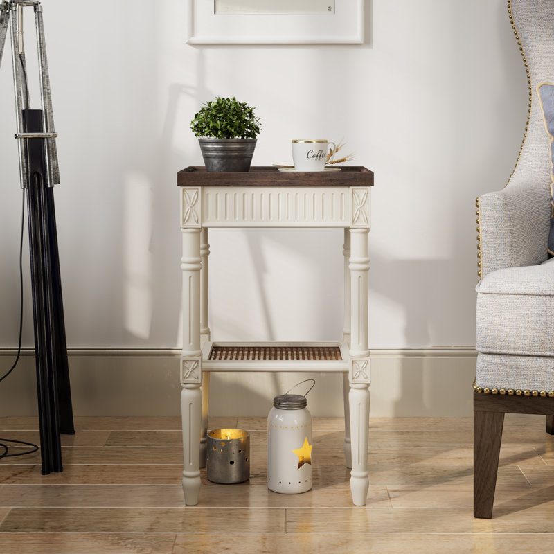 Psomas Rustic Farmhouse Square End Table, Distressed Side Table with Espresso Tray Top & Woven Shelf, White