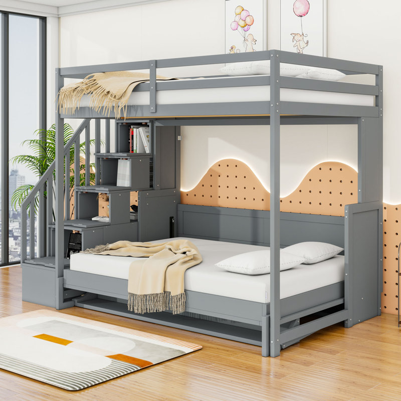 Full Over Full Murphy Bed With Hydraulic Lift, Hidden Desk And Storage Staircase, Grey