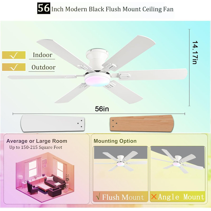 Ventilateurs de plafond 56 po avec lumières RVB - App et télécommande, moteur CC réversible silencieux, pales encastrées à double face, gradateur 3CCT à profil bas, ventilateur de plafond intelligent à profil bas pour chambre d'enfant