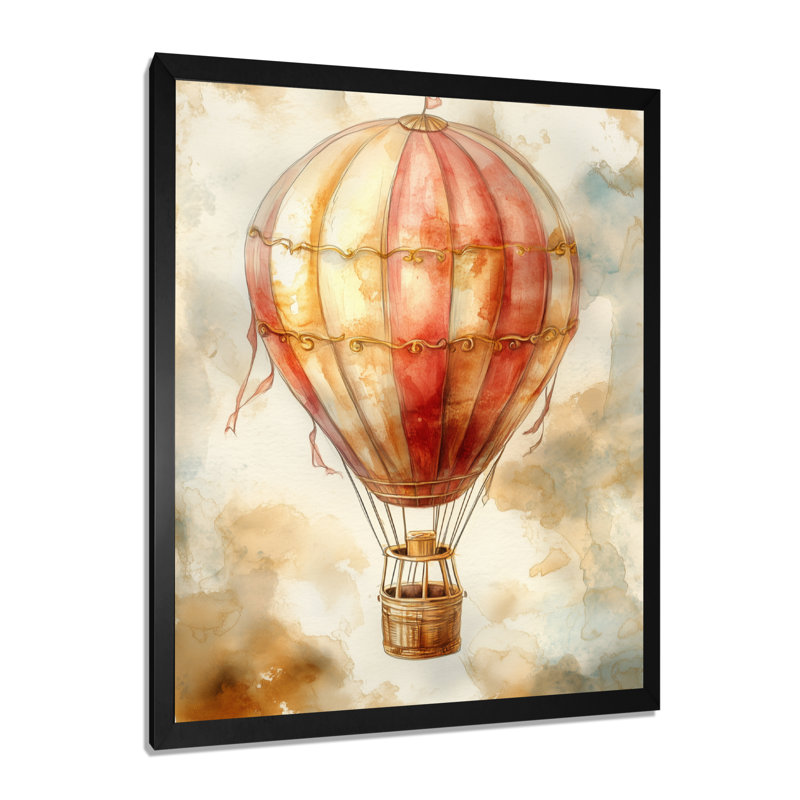 Ballon orange au-dessus des nuages ​​du matin I - Tableau encadré de style rétro transport, 20" H x 12" W