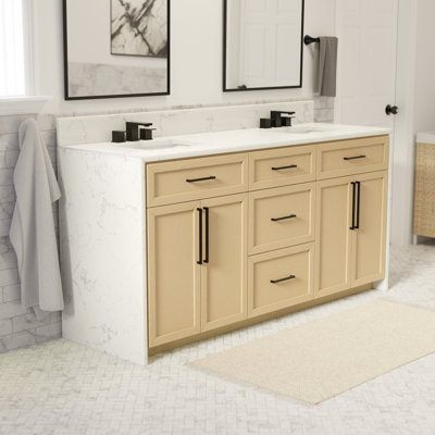 Ensemble de meuble-lavabo 72 po avec meuble blond et comptoir en marbre d'ingénierie
