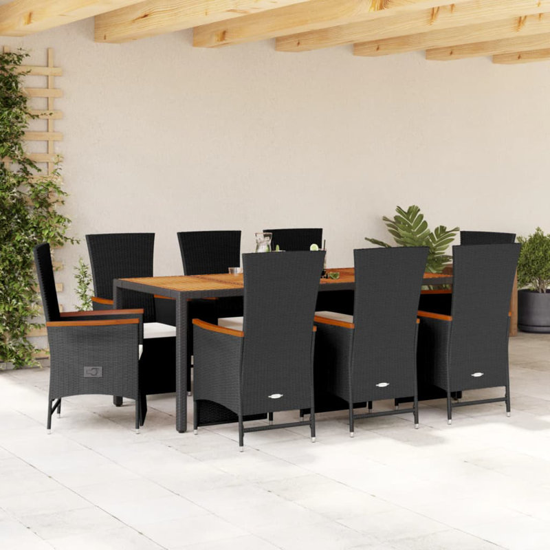  Ensemble de salle à manger de jardin avec repose-pieds réglables en rotin PE noir 8 places, 8