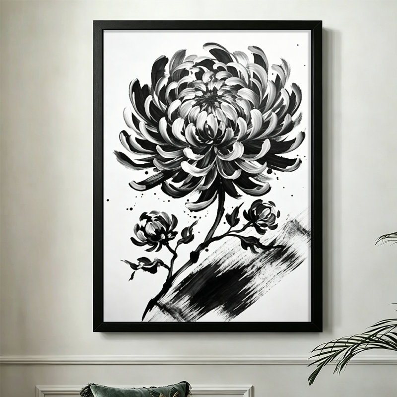 Abstrait moderne et moderne, grand chrysanthème en fleurs, petits bourgeons en dessous, style peinture à l'encre. Toile encadrée 24 "x 36" avec cadre en bois noir