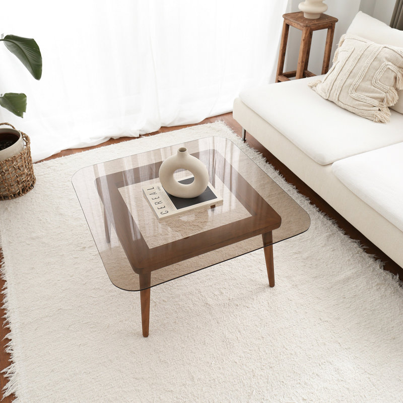 Modern Coffee Table, 31.5 x 15.7 x 31.5 inches, Bronze Color | 100% Solid Pine Wood Top, 6 mm Thick | 100% Tempered Glass Frame, Beech Wood Legs | Stylish & Durable Design for Living Room & Contemporary Spaces