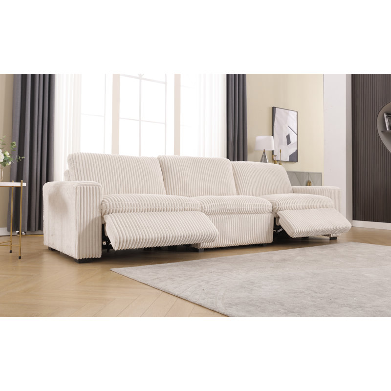 Arealious 123.2'' Wide Modern Corduroy Square Arm Power Reclining Sofa With USB Port, Alabaster White Corduroy