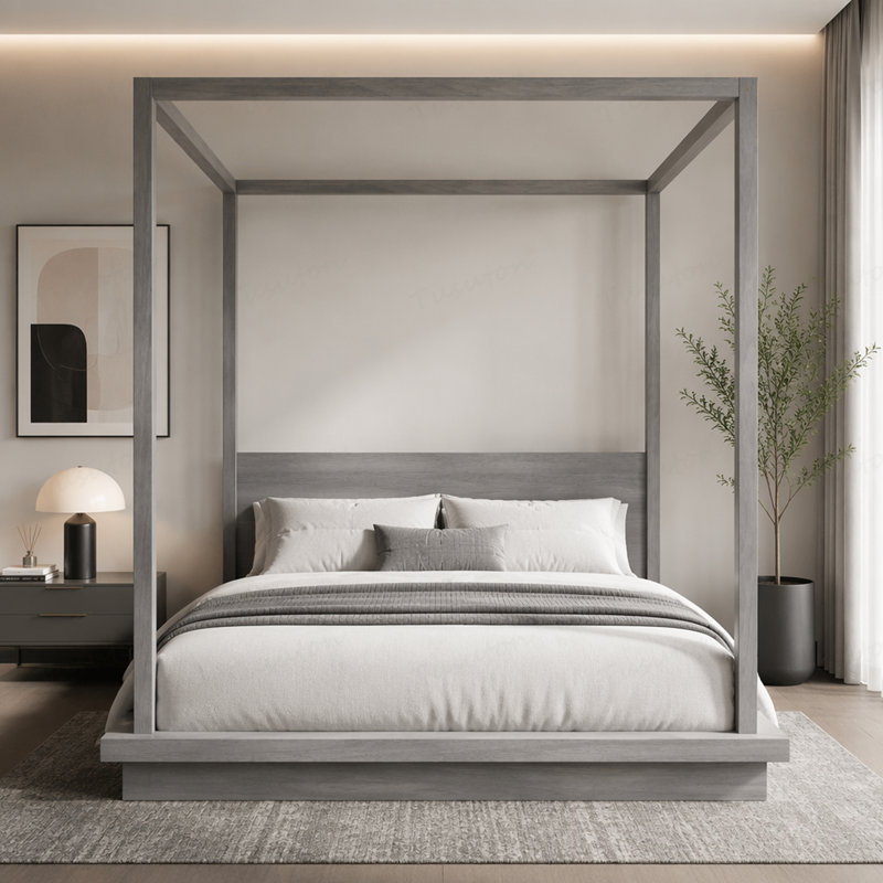 Lit plateforme à baldaquin en bois avec tête de lit, Gris