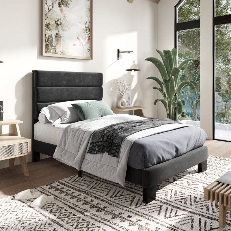 Lit plateforme Elison avec tête de lit tapissier en tissu et lattes en bois, Noir, Simple