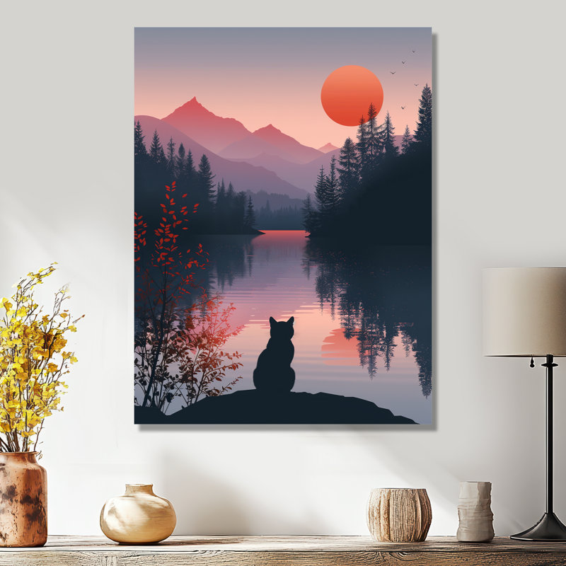 Silhouette de chat rose noir, Sunset Lake III - art mural chat, Métal métal, H 40 po x l 30 po x P 1,5 po