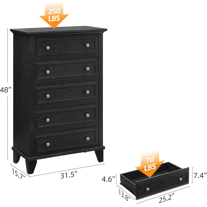 5-Drawer Wood Dresser with Metal Handles, Tall Storage Chest with Deep Drawers, for Bedroom, Living Room, or Entryway
