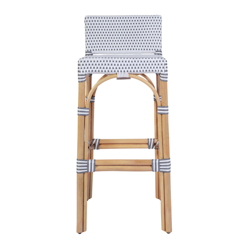 Serienna Blue & White Rattan Low Back Counter Stool, White/Light Gray Dot, Counter Stool (24" Seat Heigh)t