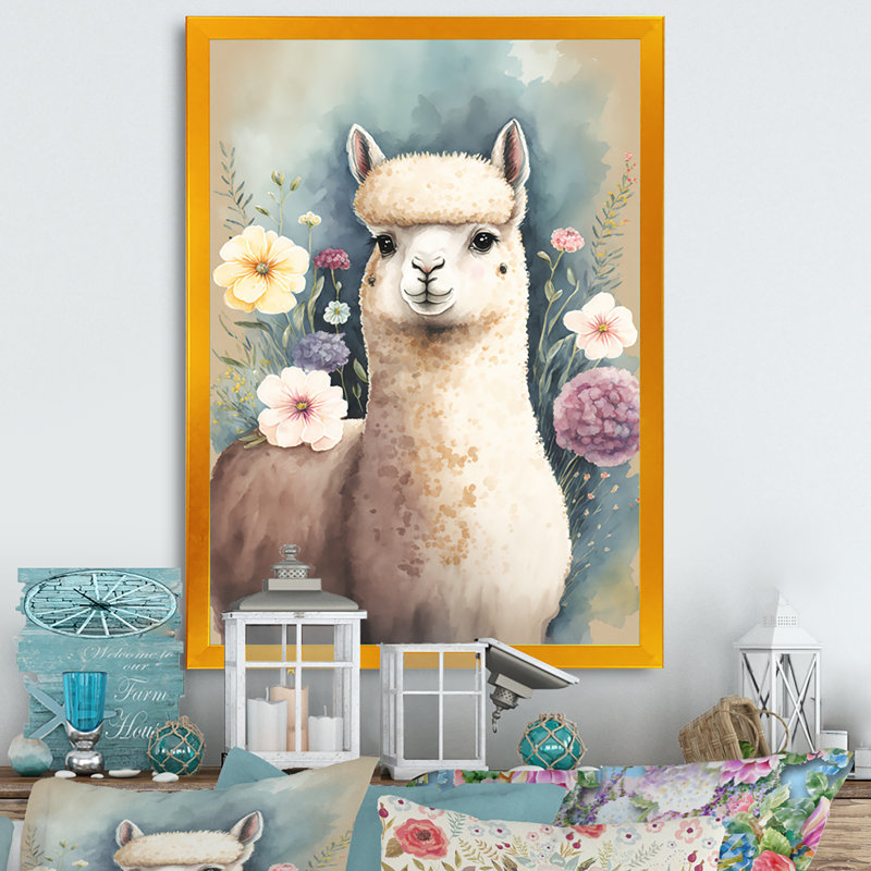«Flower Alpaca Watercolor V», reproduction sur toile, H 40 po x l 30 po x P 1,5 po, Impression dorée sur toile encadrée