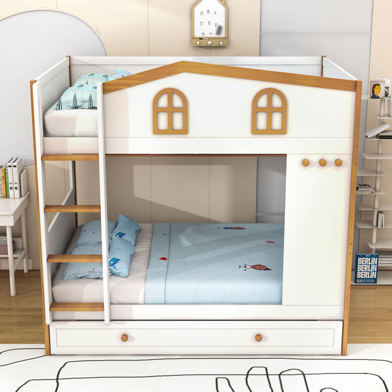 Lit superposé inspiré de la maison en bois avec tablettes de rangement et lit gigogne, Lit superposé double sur double