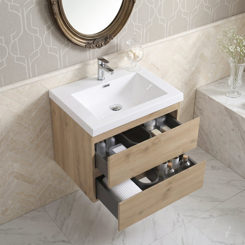 Meuble-lavabo mural de 61 cm (24 pouces) en bois fabriqué étanche avec lavabo intégré en résine, rangement à fermeture en douceur et pré-assemblé.