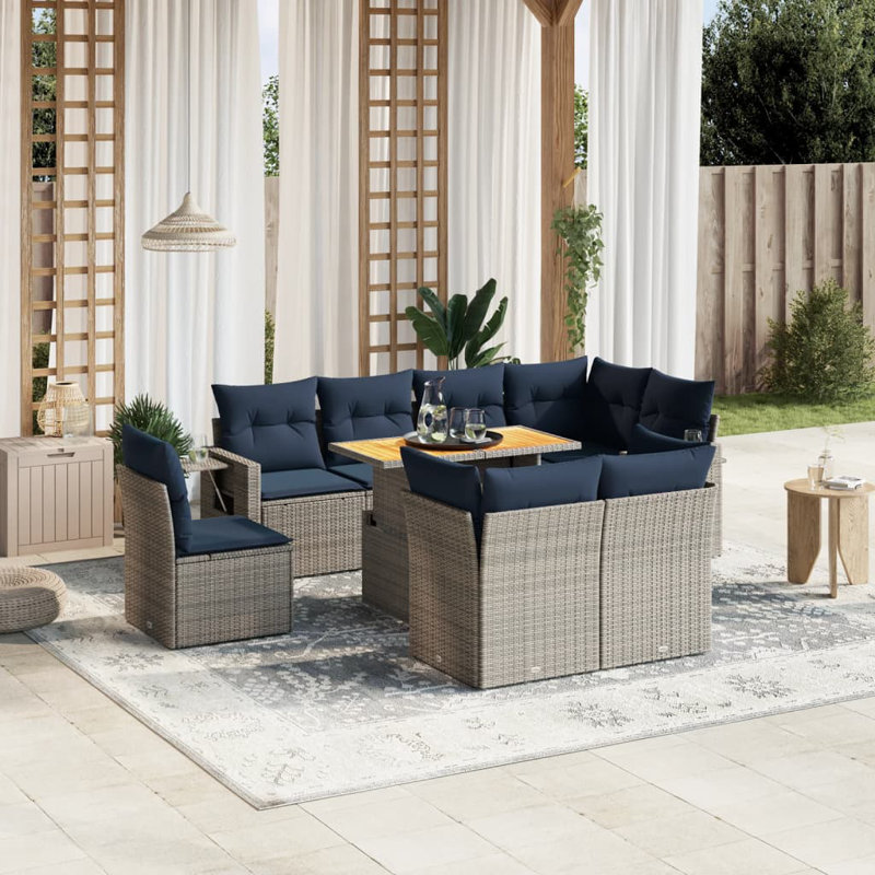  9 Piece Patio Sofa Set With Cushions Poly Rattan, Gray, Blue