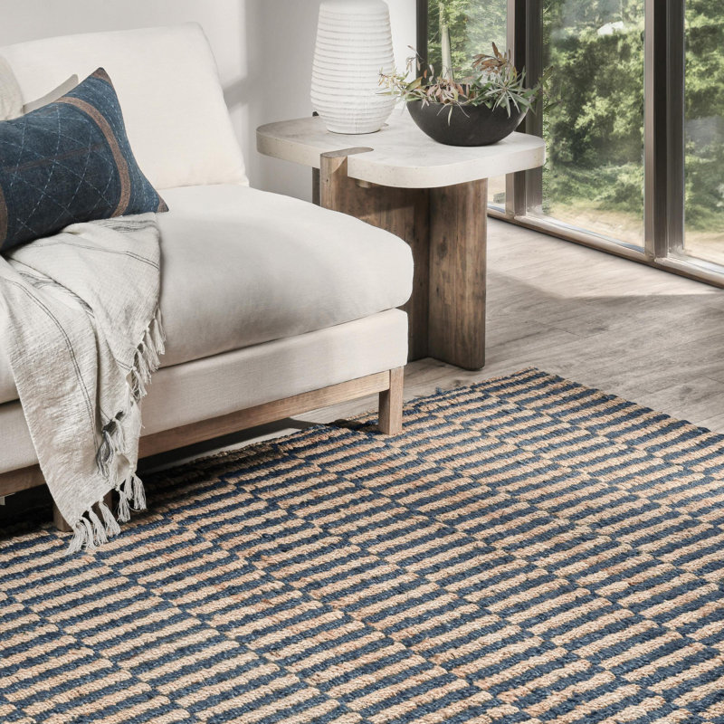 Handmade Blue and Natural Rectangular Jute Area Rug