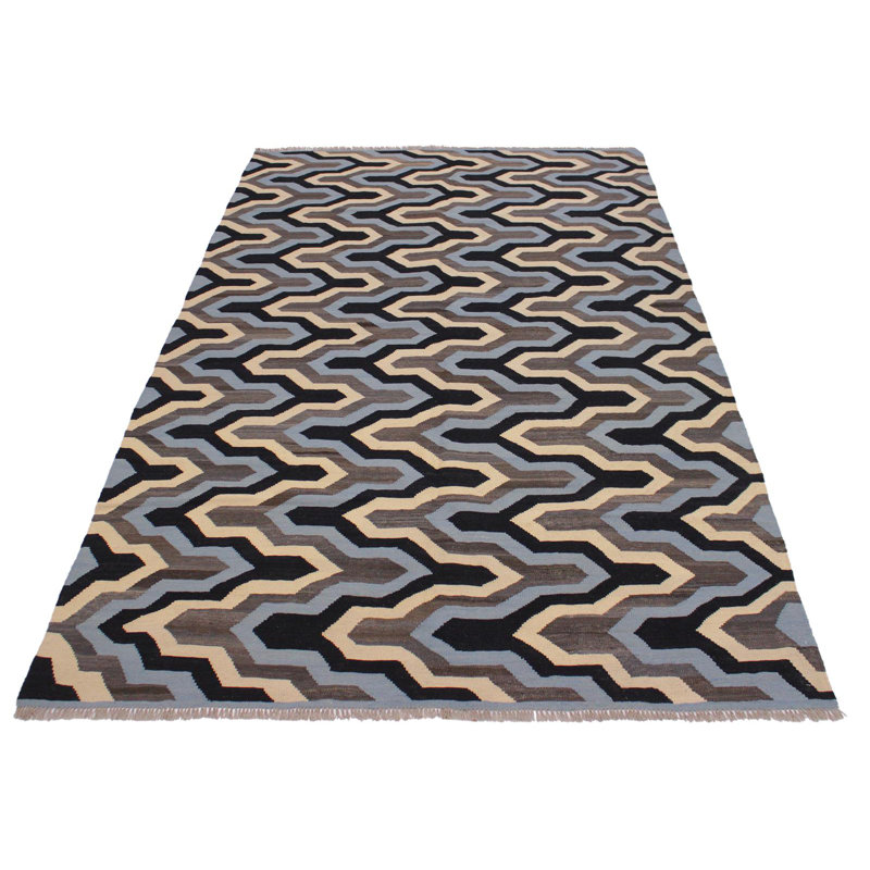 Tapis gris en laine 6 pi 1 po x 8 pi 2 po one-of-kind fait main kilim