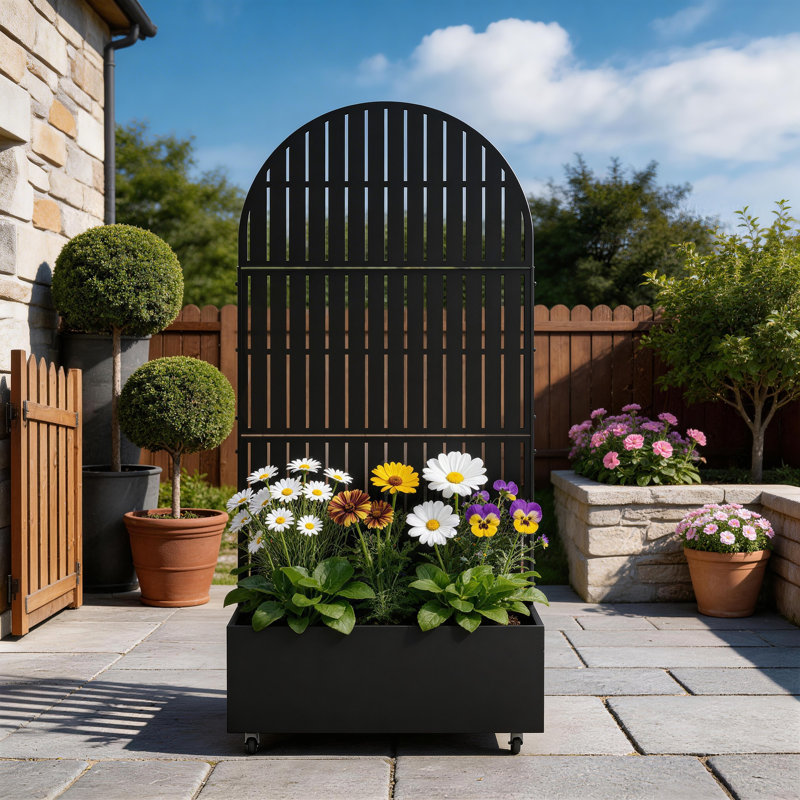 Metal Planter Box with Trellis and Wheels, 70.8" H x 35.5" W x 15.7" D, Black