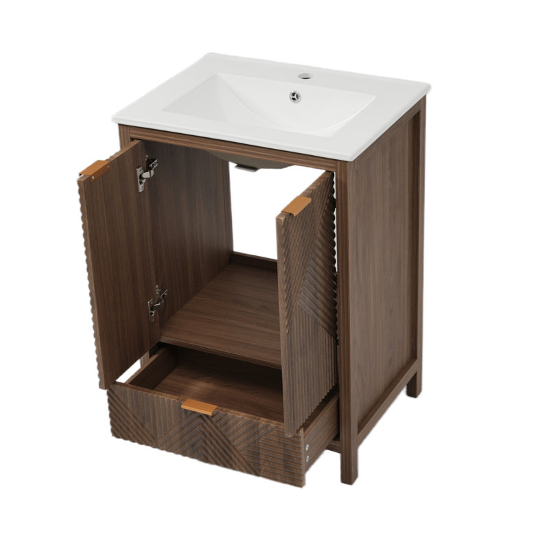 Meuble-lavabo simple de 24 pouces avec lavabo en céramique, portes texturées et pieds en pin, rangement à 1 tiroir et porte à fermeture en douceur