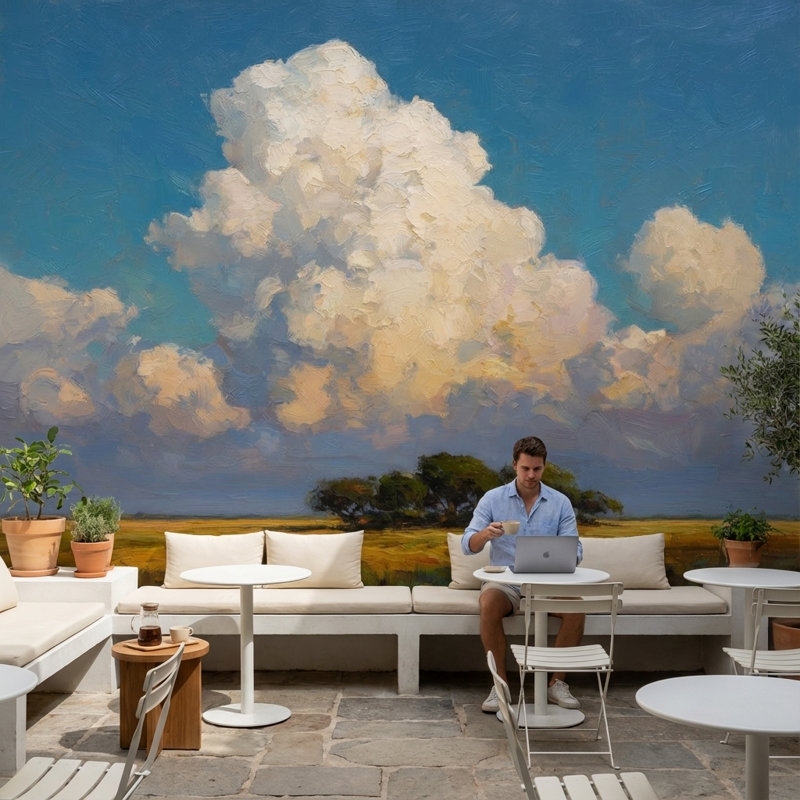 Papier peint nuages paysage impressionniste, 100 po x 96 po, Peler et coller