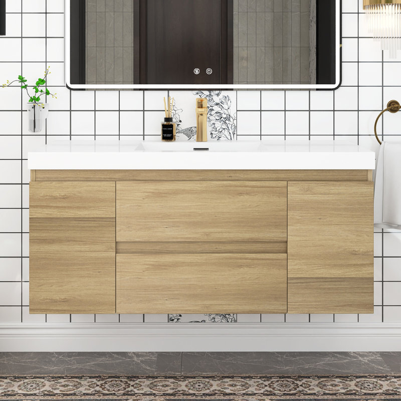 Ensemble de meuble-lavabo simple 48 po avec plateau en résine Temekia, Chêne naturel
