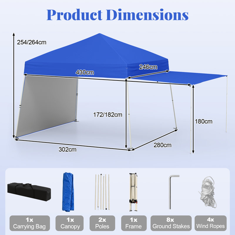 430X280cm Pop Up Canopy Tent Blue Easy Setup Outdoor Sun Shelter W/ 2 Sidewalls