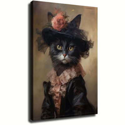 Vintage Black Cat Victorian Oil Painting Wall Art, Black Cat Art, Moody Dark Cottagecore Wall Decor for Living Room