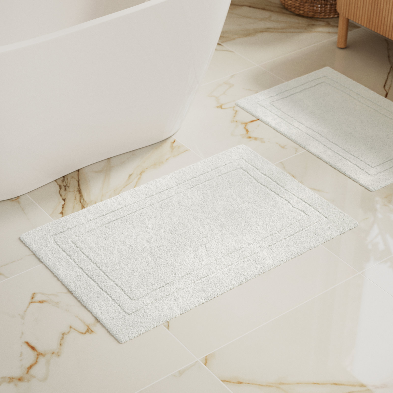 Sandcliff Cotton Non-Skid Machine Washable 2 Piece Bathroom Rug Set, Solid White